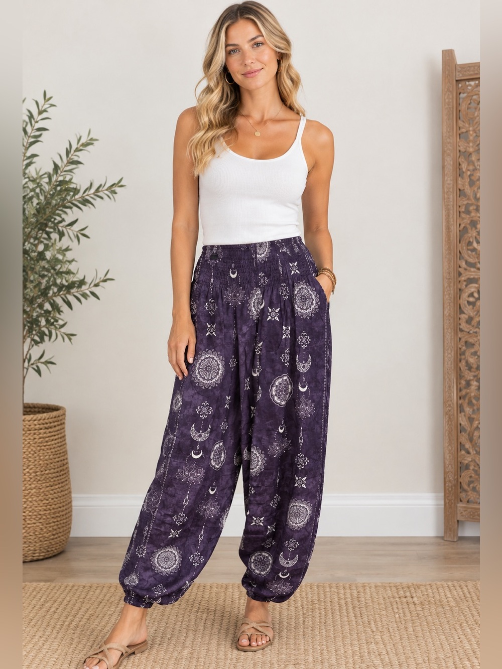 Lotus & Luna Purple Printed Elastic-Waist Harem Pants Size Large Tall